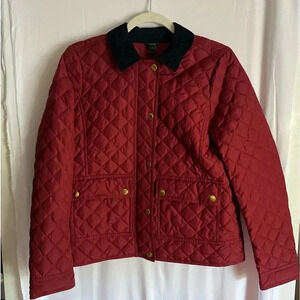 J.Crew Red Quilted Goose Down Puffer Jacket S Corduroy Collar Gold Buttons